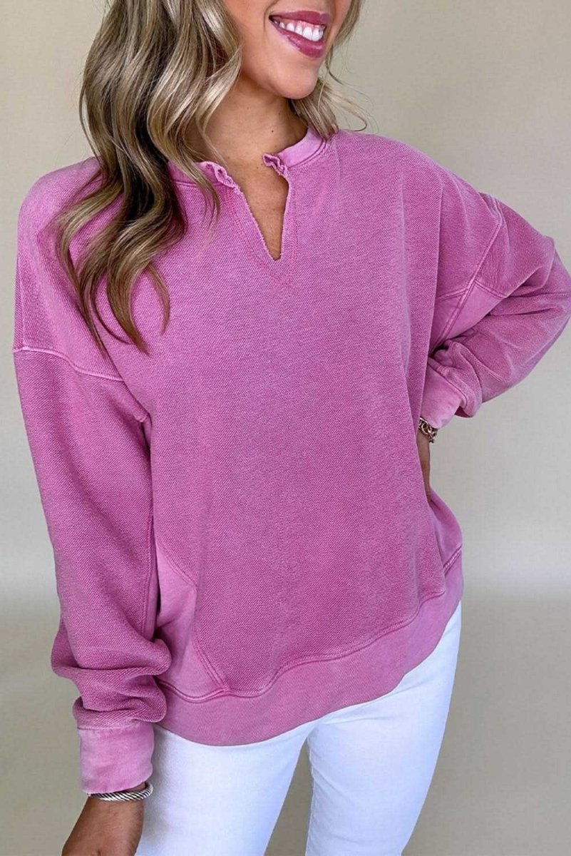 Bright Pink Solid Color Notched Neck Drop Shoulder Sweatshirt - Love Salve